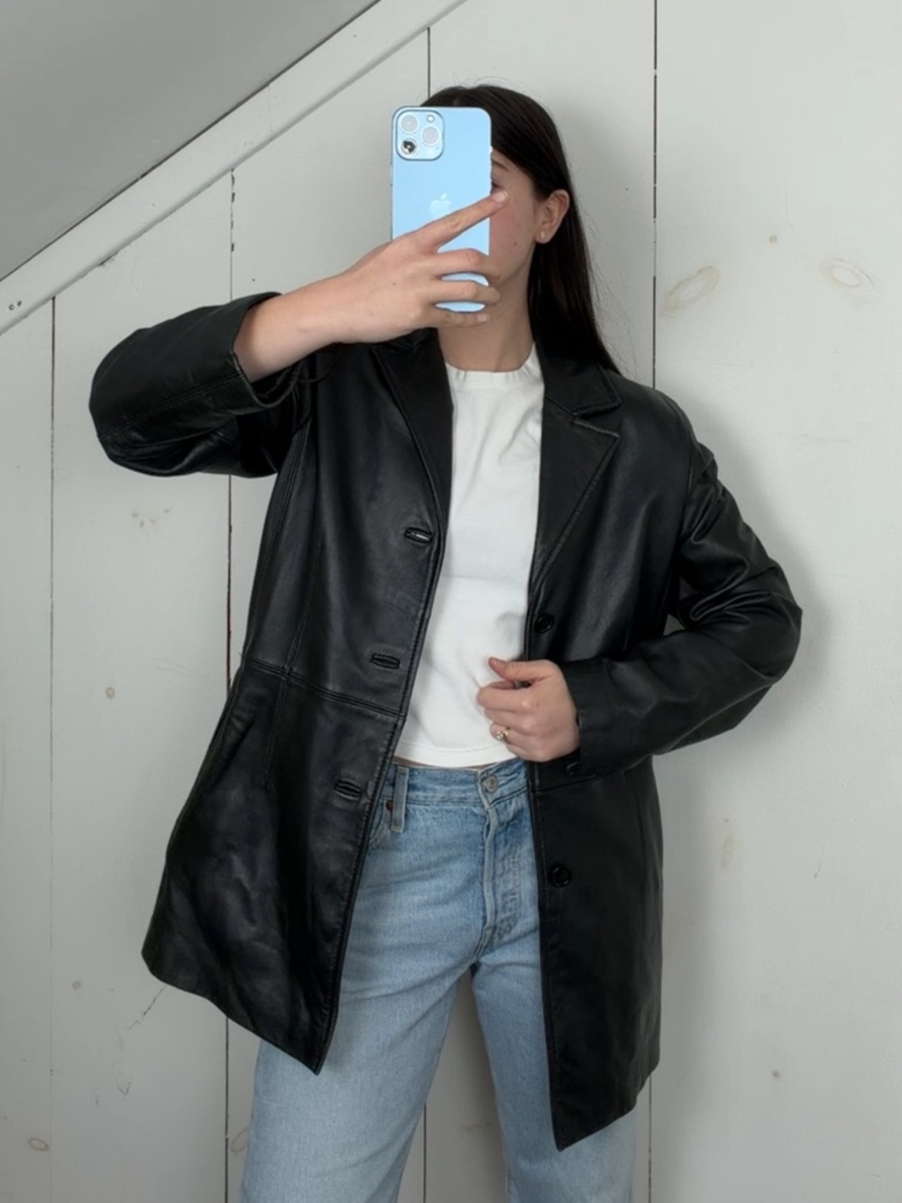 Colebrook Black Genuine Leather Button Front Blazer Jacket Womens Medium 90s Y2K
